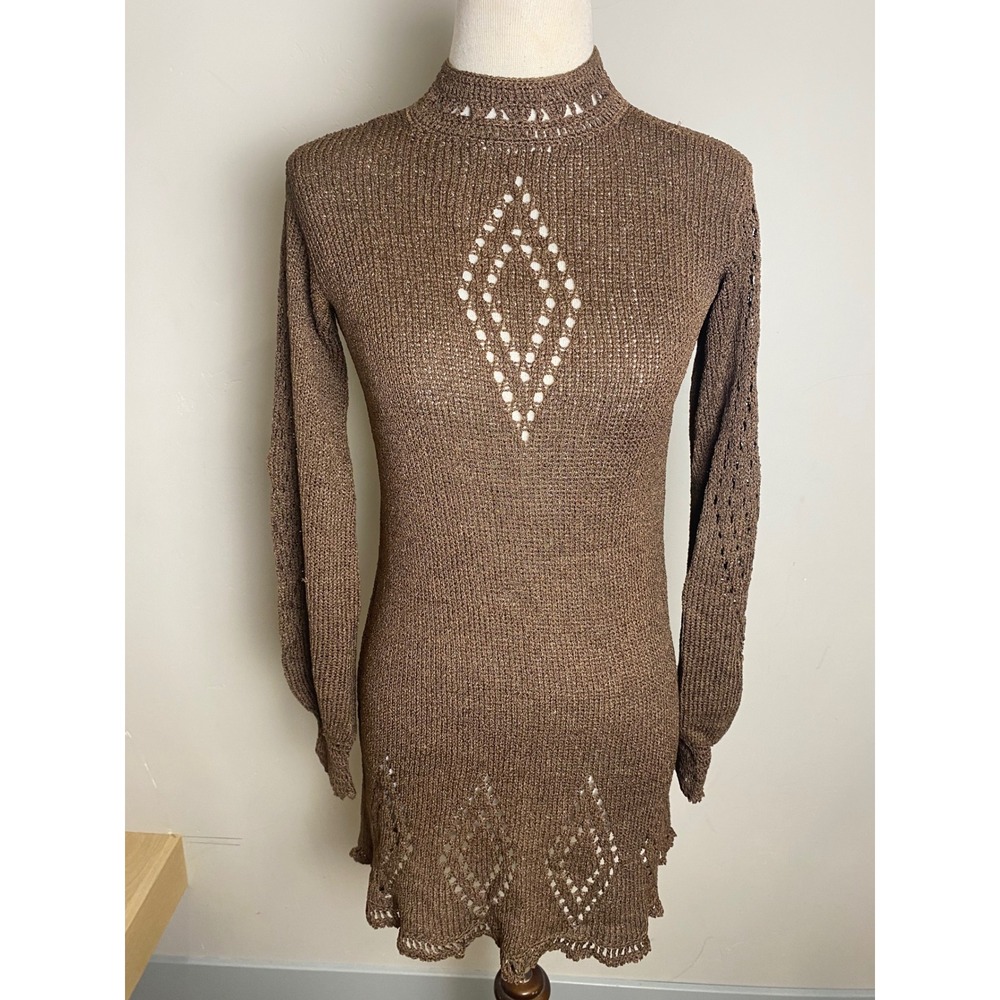 Vintage Helga Howie San Francisco Brown Knit Mini Dress Pointelle 60s 70s Boho